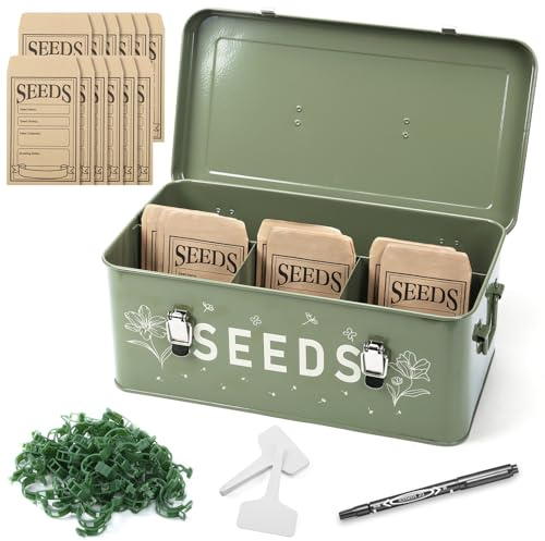 HOMIEE Mental Seed Storage Organiser with Lid, Handles & Safety Lock | Large Seed Box with 50 Seed Envelopes 100 Plant Labels 50 Plant Clips 1 Marker Pen, 4 Compartments Seed Bin for Women and Men