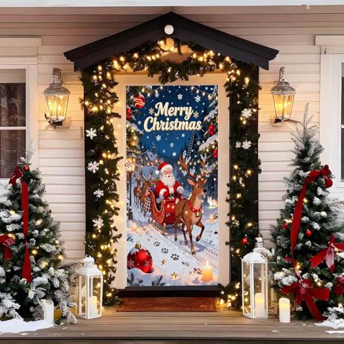 Décoration de Porte de Noël, Couverture de Porte d'Entrée Père Noël Bonhomme de Neige Bannière Suspendue de Noëls, Drapeau Bannière Photographique Noëls Vacances d'Hiver Maison Cuisine