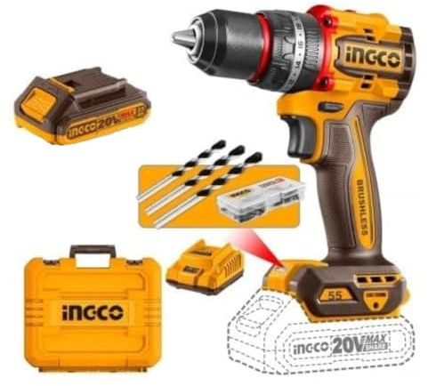 INGCO Trapano Avvitatore CIDLI20558E | Trapano COMPACT con percussione 20V 55Nm BRUSHLESS | Completo di valigetta, 2 batterie, caricabatterie e accessori