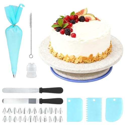MFUSUL Tortenplatte Drehbarer, Tortendeko Set zum Backen mit 3x Kuchenschabern, 2x Pfannenwendern, 1x Kuchenspritzbeuteln und 24x Spritzspitzen, Geeignet für Anfänger