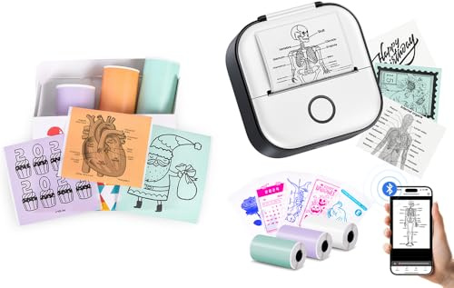 Memoking Schwarz T02 Mini Drucker Mini Thermodrucker Aufkleberdr ucker Kombination mit Selbstklebendes Thermopapier (1 Weißes + 2 Lila + 2 Grün + 1 Orange), 50mm x 3,5m für Journal, Fotos, Texte