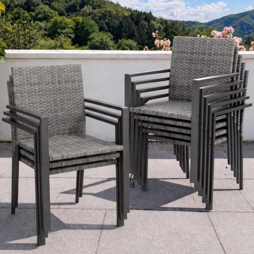 UDPATIO Gartenstühle Stapelbar 8er Set, Gartenstuhl Hochlehner aus Polyrattan, Rattan Stühle, Stapelstühle Wetterfest, Balkonstuhl Metall, Terrassenstühle für Garten, Outdoor, Grau