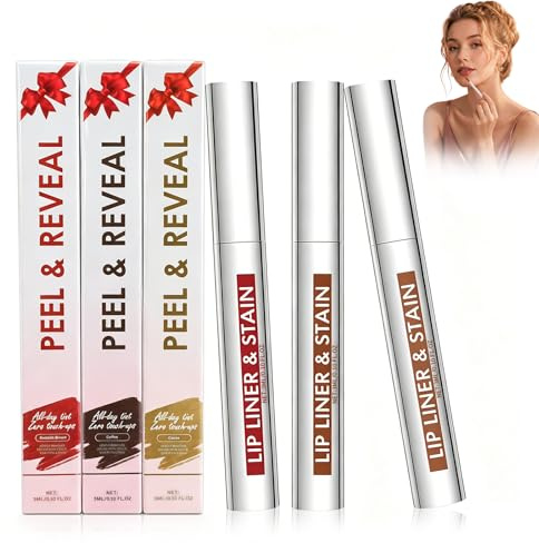 Set de 3 Peel Off Lip Liner Stain,Tinte de Labios de Larga Duración,Lip Tint Waterproof Sin Transferencia,Delineador de Labios Peel Off de Alta Pigmentación,Reddish Brown Coffee Cocoa,02