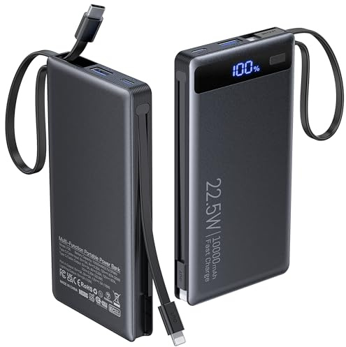 Power Bank 10000mAh, Portable Charger with 2 Built-in Cables (USB-C and Lightning),Fast Charging Battery Pack Compatible with iPhone 17 16 Plus Pro Max,Galaxy,iPad,Tablet–Slim Travel Essential(1 Pack)