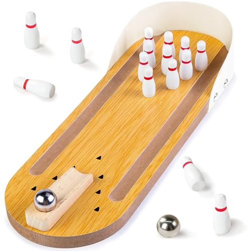 3 otters Mini Bowling Game Set for Kids & Adults, Indoor Wooden Tabletop Bowling Game Board Games for Multiple Players, Desk Toys Gag Gifts, Shooting Games for Office Stress Relief