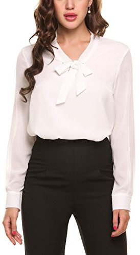 ACEVOG Damenshirts Classics Lockere V-Ausschnitt Schirt Basic Schluppenbluses Bluse Langarmshirt Einfarbig M, Weiß