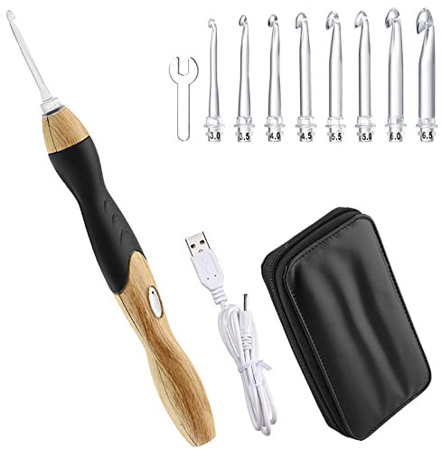 LED Häkelnadel Set, Akozon 9 in 1 USB Aufladbar leuchten Häkeln Stricken Nadeln Ergonomic Nachahmung Holzgriff Häkelnadeln Hand Stricken Werkzeuge 2,5 mm-6,5 mm mit Fall