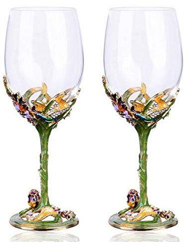 YBK Tech Lot de 2 verres à vin rouge faits main en émail et cristal dans une boîte cadeau, motif iris (vert)