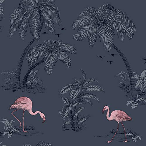 YöL Flamingo Lake Wallpaper Palm Trees Tropical Birds Midnight Blue Pink