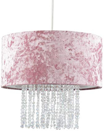 MiniSun | Modern Silver Pink Velvet Ceiling Pendant Light Shades with Clear Acrylic Droplets | Pendant Lights, Home Décor & Improvement Essential | Includes Bulb [3000K Warm White] | 35cm Shade Width
