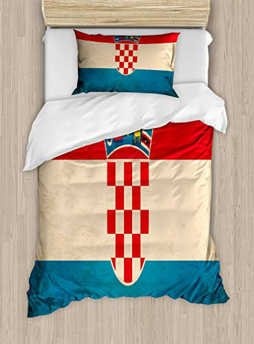 ABAKUHAUS Kroatien Bettbezug Set für Einzelbetten, European Land Flag Art, Milbensicher Allergiker geeignet mit Kissenbezug, 130 x 200 cm - 70 x 50 cm, Dark Pink Beige