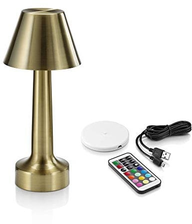 Auraglow Brass Aluminium Rechargeable Remote-Controlled Colour Changing Dimmable LED Table Lamp – Perfect for Bedside Tables, Coffee Tables, Hotels and Restaurants