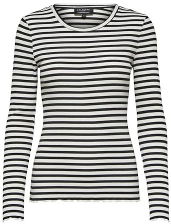 Damen Selected Basic Langarm Shirt Dünner Longsleeve Pullover SLFANNA Baumwolle Sweatshirt, Farben:weiß/schwarz, Größe:L