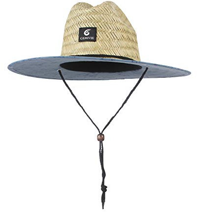 GEMVIE UPF 50+ Straw Lifeguard Hat, Unisex Adult Large Brim Printed Fedora Sun Protection Hat, Blue Trees