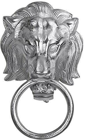WOMO-DESIGN Handtuchhalter Löwenkopf mit Ring, aus Aluminium vernickelt, Unikat, Silber, (BxH): 10x31 cm, Designer Löwenkopf, Handtuchring Türklopfer Löwe Lion Wandfigur WC Bad Dekoration Accessoire