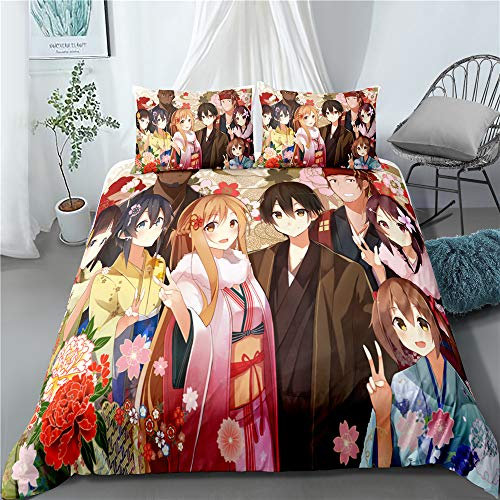 MeeTe Bettbezug Bettwäsche-Set 3-teilig Sword Art Online Bettwäsche-Set 3-teiliges Bettbezug-Set Mit Reißverschluss Extra Weich Und Strapazierfähig Mit 2 Kissenbezügen (SAO 05,135 x 200 cm)