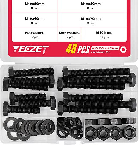 YEEZET Schrauben M10 48 Pcs Sechskantschrauben Unterlegscheiben Federringe und Muttern Sortiment Kit (8.8 Kohlenstoffstahl)