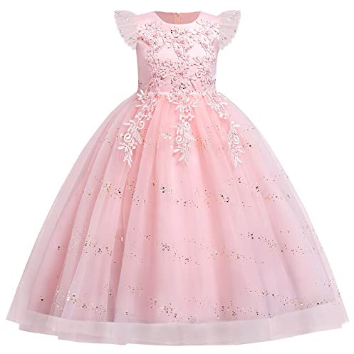 IBTOM CASTLE Filles brodées Princesse Pageant Robes de Bal Manches Volantes Sequin Robe de soirée de Mariage Demoiselle d'honneur Fleur Fille soirée Formelle Tulle Robes d'arc Rose 5-6 Ans
