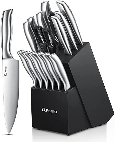 D.Perlla 16-Piece High Grade Stainless Steel Kitchen Knife Set with Wooden Block, Sharp and No Rust Knives, Steak Knives, Scissors, Sharpener