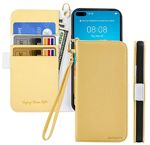 Butnyeoe Handyhülle für Huawei P40 Pro Klappbar Hülle,Litschi Textur Leder Wallet Schutzhülle Tasche Flip Cover Case,Magnetic Closure Klapphülle mit Kartenfach Standfunktion,Gelb