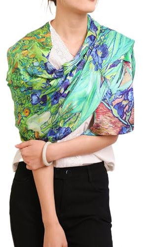Prettystern Damen langer 170 cm Malerei handrolliert grün blau Seidenschal van Gogh Schwertlilien Iris P184