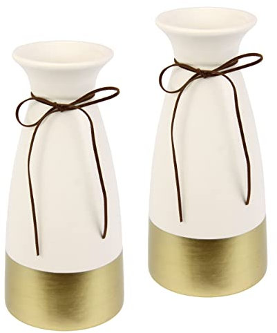 Vase mit Goldrand und Schleife aus Keramik Dekovase Einzelblumen Trockenblumen Zylindervase weiß matt Blumenvase Modern Vasen für Tischdeko Tischvase Dekoration Trockenblume Pampasgras