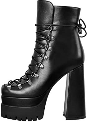 Only maker Damen Stiefel Plateau Stiefeletten Profilsohle Schnürstiefeletten Knöchelstiefel Combat Boots Lederoptik Schwarz 38 EU
