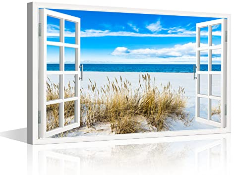 TISHIRON Lienzo de pared con efecto de ventana 3D para decoración del hogar, obra de arte de mar, arena blanca, paisaje de playa, pintura sobre lienzo para sala de estar, enmarcado listo para colgar,