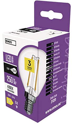 EMOS LED Lampe Edison Mini Globe, 1,8W Ersatz für 25W Glühbirne, klare Vintage-Glühlampe mit E14 Sockel, Helligkeit 250 lm, Neutralweiß 4000 K, 25000 h Lebensdauer, CRI min. 80, 320° Abstrahlwinkel
