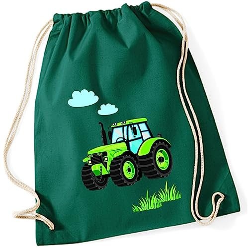 minimutz Turnbeutel Kinder Jungen aus Baumwolle | Motiv Traktor Bulldog mit Wolken & Gras | Schuhbeutel Sportbeutel zum Zuziehen mit Kordel 37cm x 46cm in Dunkelgrün Grün