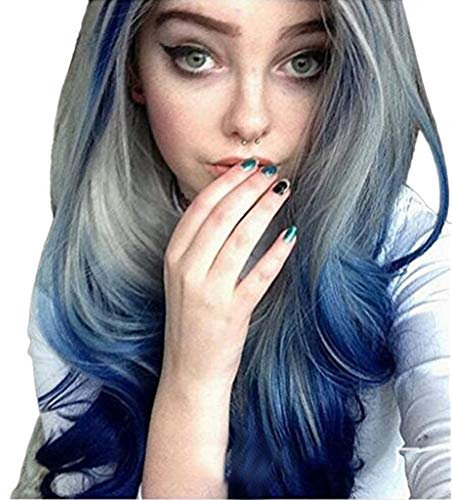 Parrucca accessori per festival cosplay lunga rettilineo sintetico pieno viola parrucca riccia rosa donna parrucca capelli ondulata Wig Festival accessori festa gadget (blu e grigio, taglia unica)