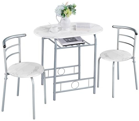 Yaheetech 3 Piece Dining Room Set, Modern Dining Table and Chairs Set of 2, Breakfast Bar Table and Chairs with Metal Legs and Shelf Storage for Kitchen/Apartment/Small Space, White