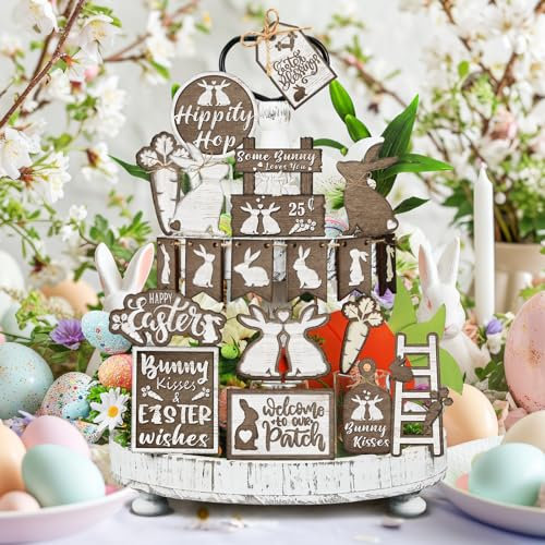 Ziliny 19 Stück Ostern Holz Weiß Serie Etagere Tablett Dekor Osterhase gestufte Tablett Tischdekoration Osterhase Karotten Holz-Mittelstück Schilder mit LED-Lichterkette für Ostern Zuhause Küche Regal