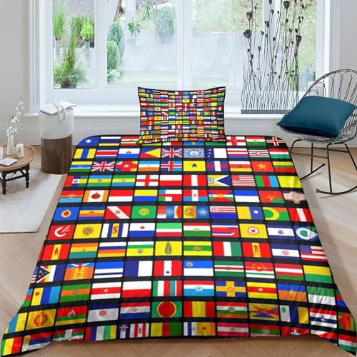 HOTGE Flaggen Länder Welt Bettwäsche Single（135x200cm） 3D Motiv Patchwork Bettbezug Set Blätter Kinder Microfaser Bettbezüge Und Kissenbezüge Mit Reißverschluss