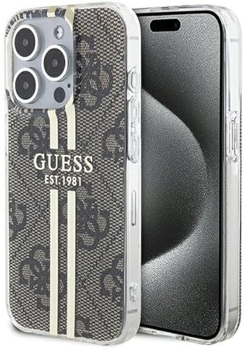 Guess GUHCP15XH4PSEGW Case for iPhone 15 Pro Max 6.7 Inch Brown Hard Case IML 4G Gold Stripe