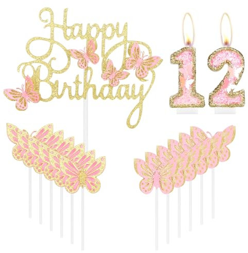 mciskin Gold Pink Happy 12th Birthday Candles,Butterfly Cake Decorations,Gold Pink Number 12 Candle for Cake Toppers Girls,Glitter Butterfly Topper for Girls' 12th Birthday Decorations
