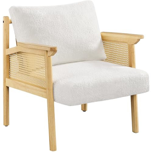 Yaheetech Accent Chair, Boucle Vanity Chair with Rattan Back&Arms Wood Armchair with Loose Back Pillow for Living Room Bedroom White