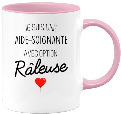 quotedazur - Mug Aide Soignante Avec Option Râleuse - Cadeau Humour Cheffe pour Anniversaire Collègue De Femme Ou Départ en Retraite Ou Cadeau Collègue Noël - Rose/Céramique