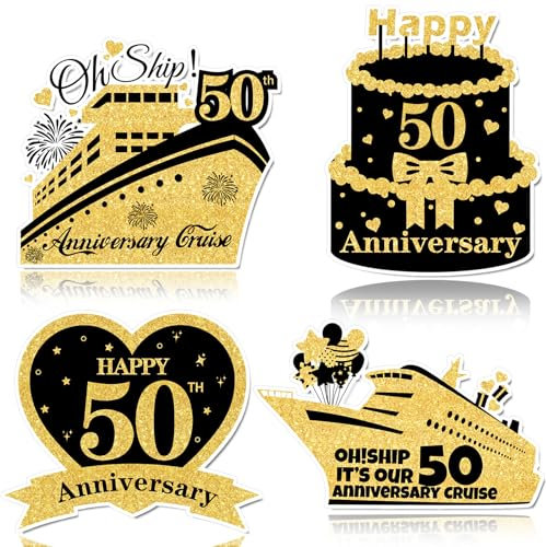 4 PCS Large 50th Anniversary Cruise Door Magnets Decorations Happy 50th Anniversary Cruise Ship Door Decor Magnetic Wedding Magnets Garage Refrigerator Car Magnets for Cabin Stateroom (Black Gold)
