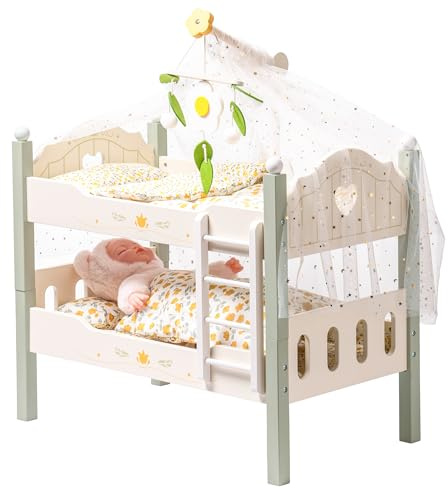 ROBOTIME Letto a castello per bambole in legno da 18, lettino per bambole trasformabile con scaletta e biancheria da letto, culla per bambole impilabile, regalo perfetto per bambini, verde