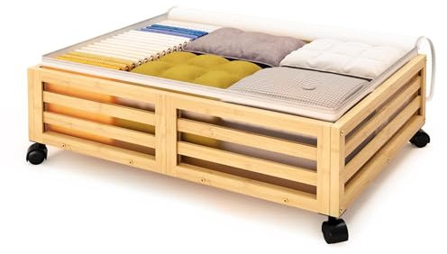 Zixpal Under Bed Storage Container - 1 PCS Bamboo Underbed Storage with Dust Bag | Under Bed Storage with Wheels | Stackable Under Bed Shoe Drawer Storage for Clothes Blankets Bedding Toys