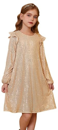 Mädchen Paillettenbesetztes Partykleid Langarm Rundhalsausschnitt Knielänge A-Form Gold 8-10 Jahre
