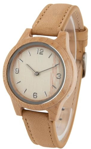 Zeit-Bar Funk-Armbanduhr Damen, Holz-Gehäuse, Echtleder-Uhrband