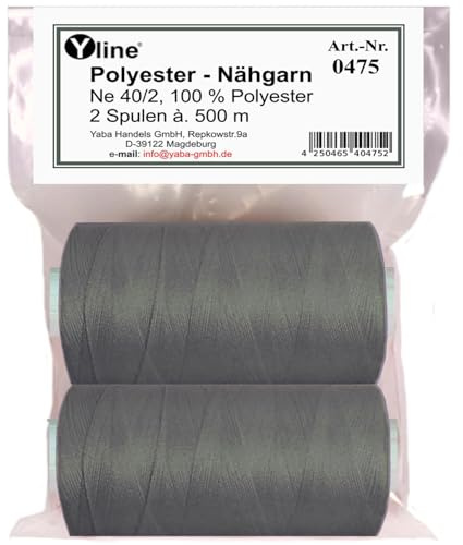 Yline - 1000 m (2 Spulen) Nähgarn für Nähmaschine, Nähfaden Polyester, Syngarn Allesnäher, 0475-19 (anthrazit - grau)