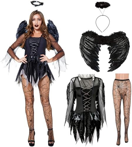 Halloween Disfraz Demonio, Alas y Aureola de Angel Negro, Disfraz de Diablo Angel Negro Caido, Disfraces de Halloween Mujer, Disfraz de Vampiro Adulto para Halloween, Carnaval, Cosplay y Fiesta (XL)