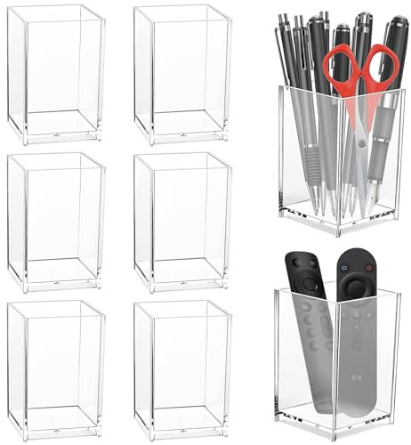Akamino 8 PCS Acrylic Pen Pot, 6.5 x 6.5 x 10 cm Square Pen Pencil Holder,Transparent Desktop Stationery Makeup Brush Storage Organizer Clear Pen Cup for Office School Home