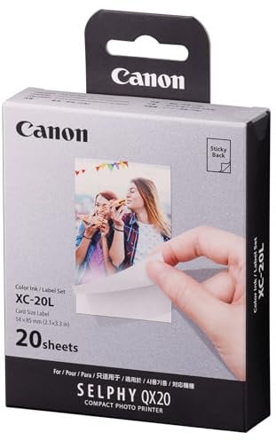 Canon XC-20L Original Farbband/Papierset 20 Blatt Kreditkartenformat 5,4 x 8,5cm für Canon SELPHY QX20 Fotodrucker (selbstklebend, Sticker, Aufkleber, Kleberückseite, Thermosublimation, wasserfest)