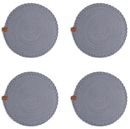 Darido 4er-Set Graue Tischsets, 32cm, Gewebte Baumwolle, Abwaschbar, Hitzebeständig, Handgefertigte Tischdeko für Weihnachten und Heimtextilien