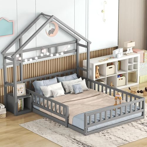 BXEYXE 140 x 200cm Kinderbetten, Flachbetten, Haetten mit Geländer, Kinderbetten mit Nachttischen, Grau