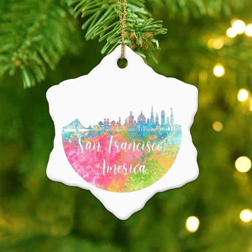 Amerika San Francisco City Skyline Weihnachtsschmuck, bunte Städte, Landschaft, Ornamente, Weihnachtsdekoration, Andenken, Neuheit, Keramik-Weihnachtskugel für Weihnachts-Party-Dekorationen